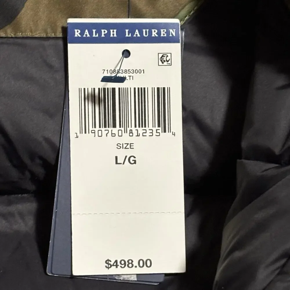 Polo Ralph Lauren Camo Down Fill Puffer Hood Detaches Orange Pony Large NEW - Picture 8 of 10
